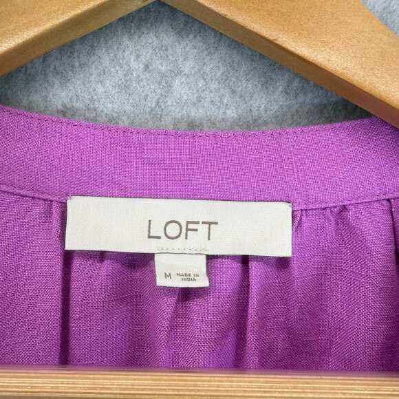 LOFT Purple Cutout Linen Blend Pocket Dress Tunic Womens Medium 3/4 Puff Sleeve - Picture 3 of 16